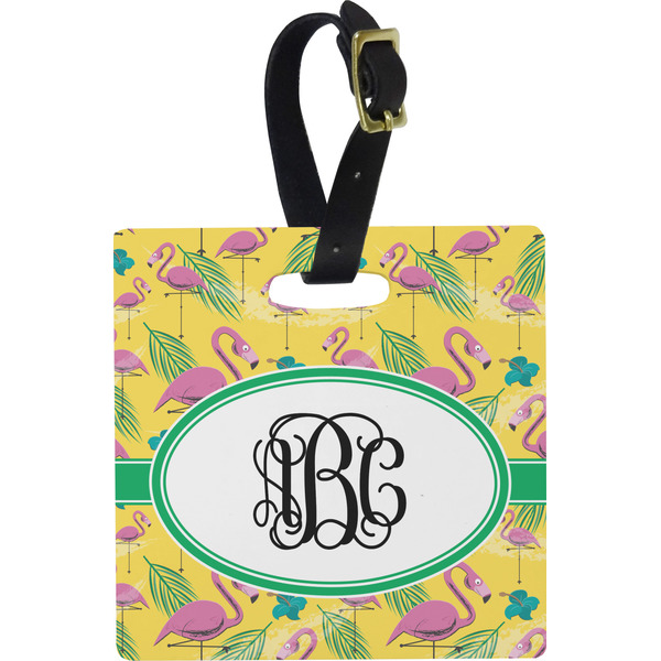 Custom Pink Flamingo Plastic Luggage Tag - Square w/ Monogram