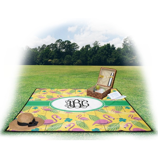 Pink Flamingo Picnic Blanket - with Basket Hat and Book - in Use