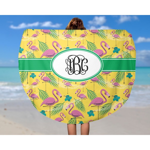 Pink Flamingo Round Beach Towel - In Use