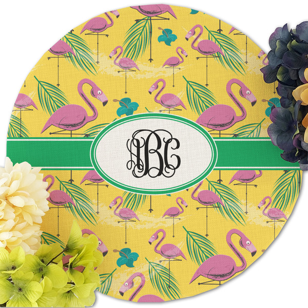 Pink Flamingo Round Linen Placemats - Front (w flowers)