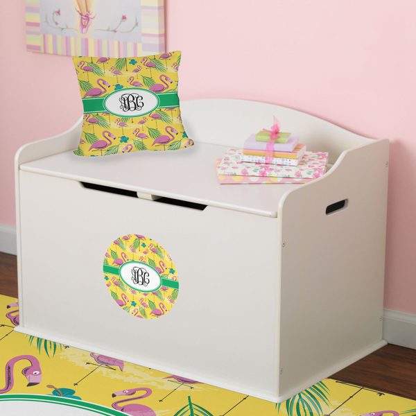 Pink Flamingo Round Wall Decal on Toy Chest