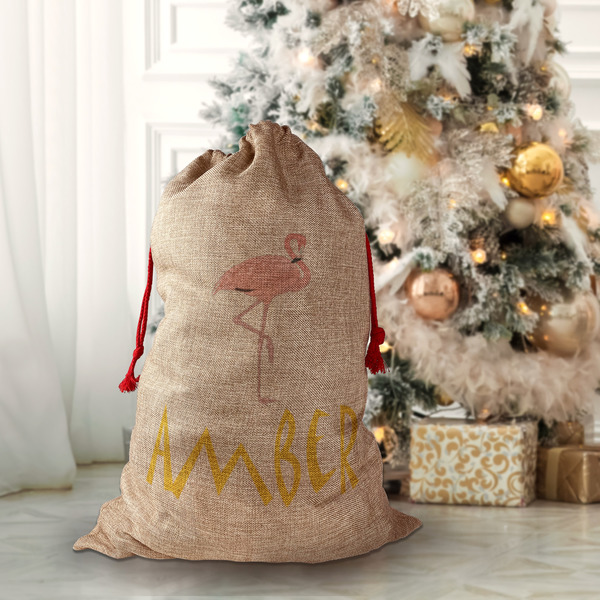 Pink Flamingo Santa Bag - Front (stuffed)
