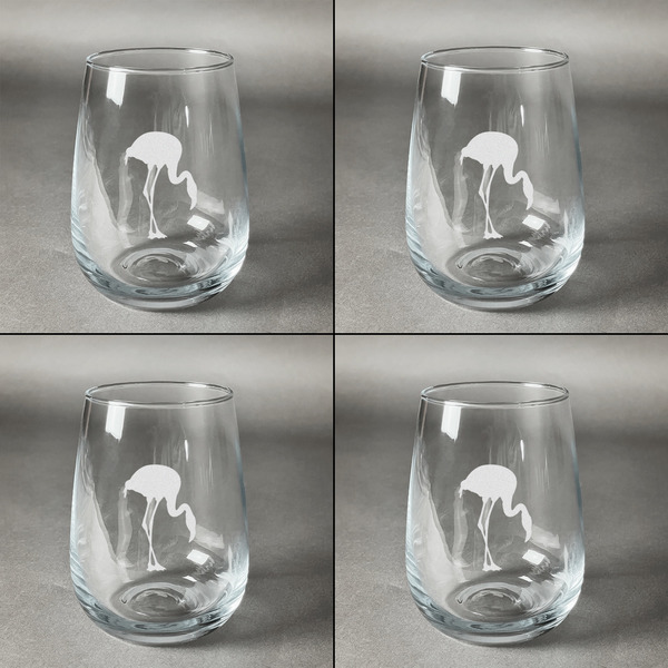 Pink Flamingo Set of Four Personalized Stemless Wineglasses (Approval)