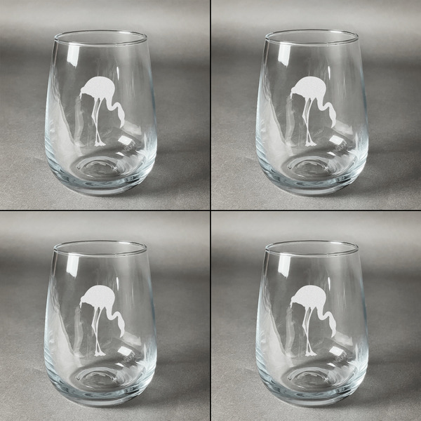 Pink Flamingo Set of Four Personalized Stemless Wineglasses (Approval)