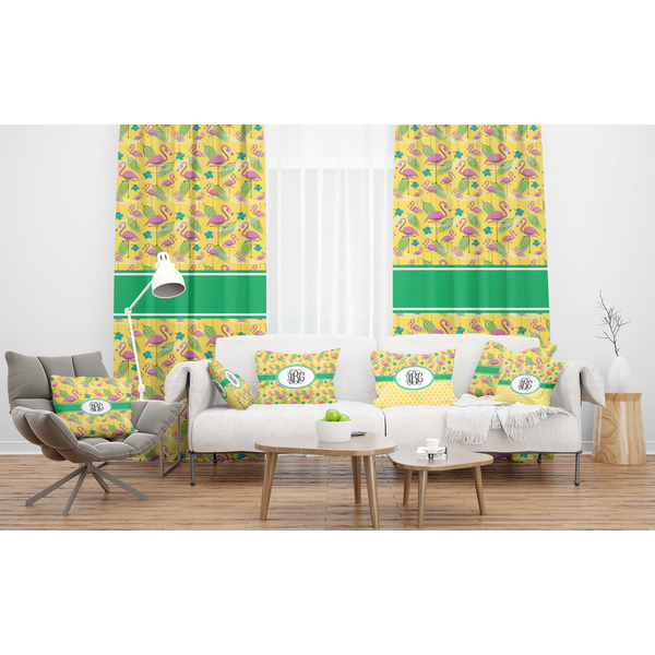 Pink Flamingo Sheer and Custom Curtains in Room with Matching Pillows