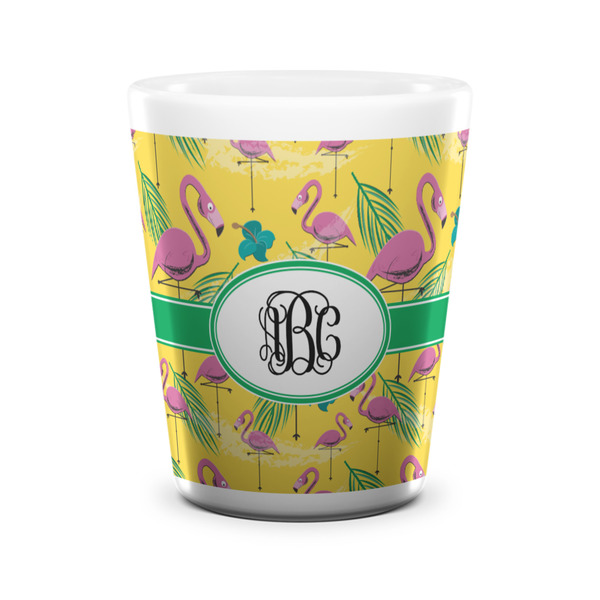Custom Pink Flamingo Ceramic Shot Glass - 1.5 oz - White - Set of 4 (Personalized)