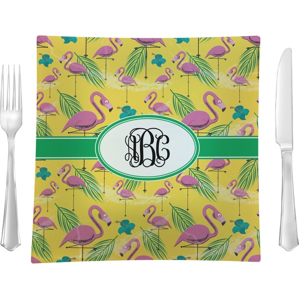 Custom Pink Flamingo 9.5" Glass Square Lunch / Dinner Plate- Single or Set of 4 (Personalized)