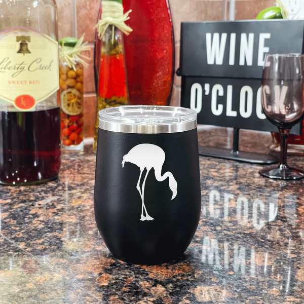Pink Flamingo Stainless Wine Tumblers - Black - Single Sided - In Context
