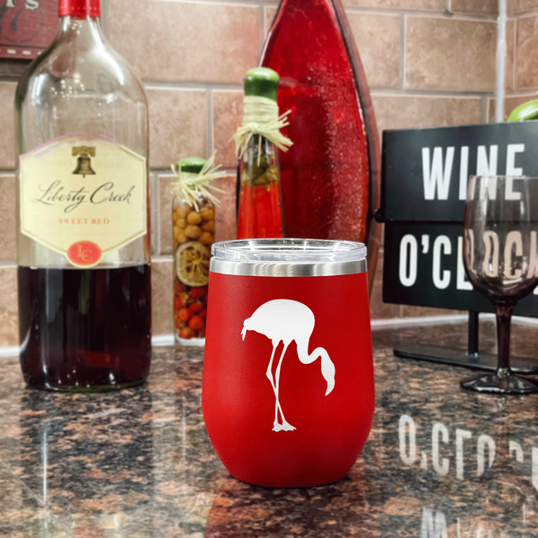 Pink Flamingo Stainless Wine Tumblers - Red - Single Sided - In Context