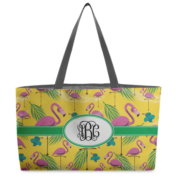 Custom Pink Flamingo Beach Totes Bag - w/ Black Handles (Personalized)