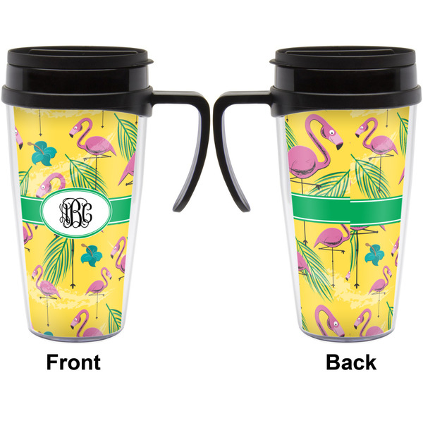 Pink Flamingo Travel Mug with Black Handle - Approval