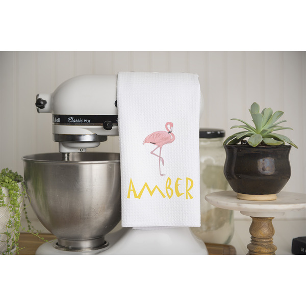 Pink Flamingo Waffle Weave Towel - Lifestyle - Partial Print