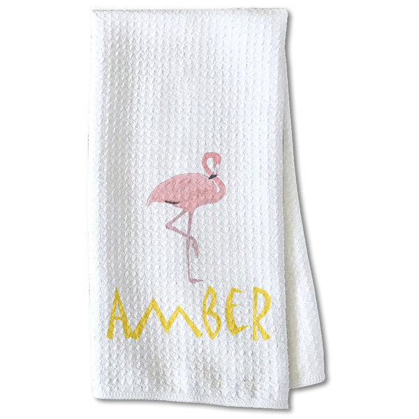 Custom Pink Flamingo Kitchen Towel - Waffle Weave - Partial Print (Personalized)
