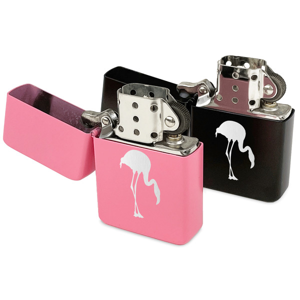 Pink Flamingo Windproof Lighters - Black & Pink - Open