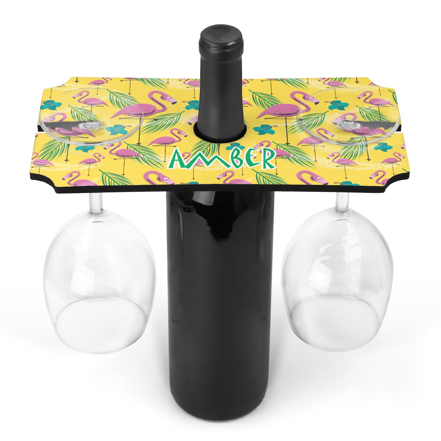 Custom Pink Flamingo Wine Bottle & Glass Holder (Personalized