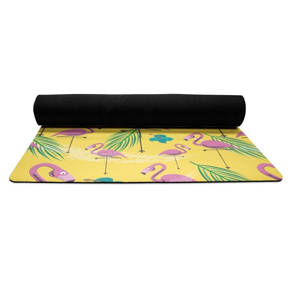 Pink Flamingo Yoga Mat Rolled up Black Rubber Backing