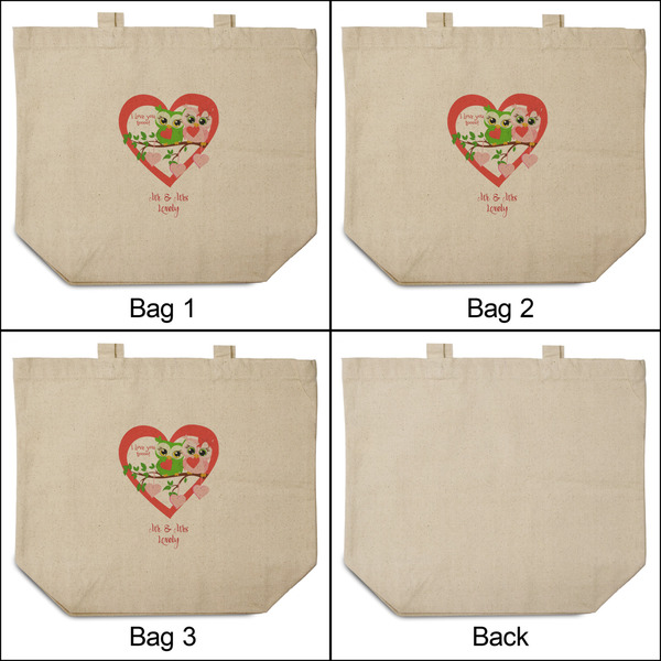 Valentine Owls 3 Reusable Cotton Grocery Bags - Front & Back View