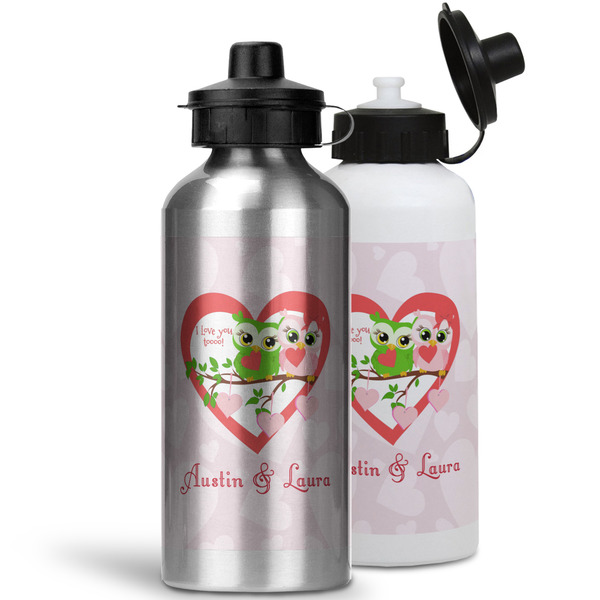 Valentine Owls Aluminum Water Bottles - MAIN (white &silver)