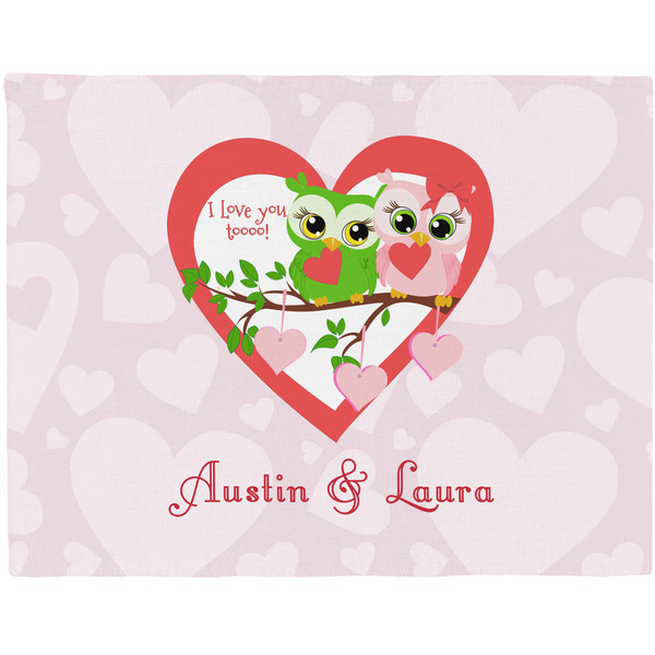 Custom Valentine Owls Woven Fabric Placemat - Twill w/ Couple's Names