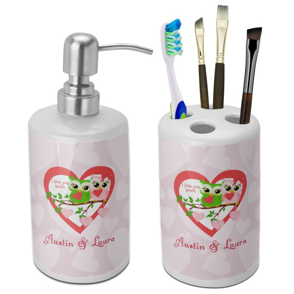 Custom Valentine Owls Ceramic Bathroom Accessories Set (Personalized)