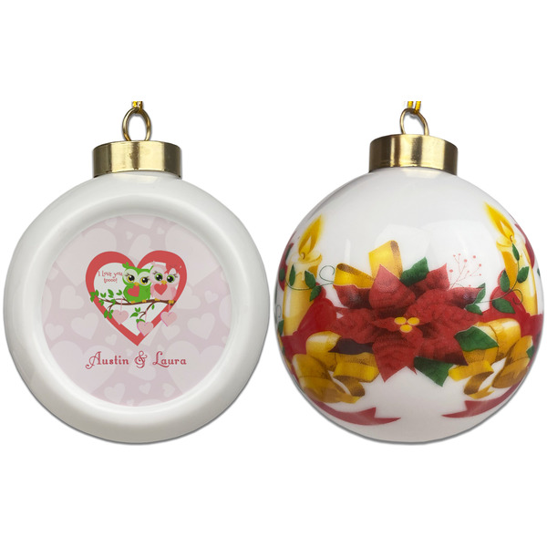 Valentine Owls Ceramic Christmas Ornament - Poinsettias (APPROVAL)