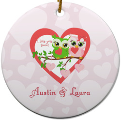 Valentine Owls Round Ceramic Ornament w/ Couple's Names