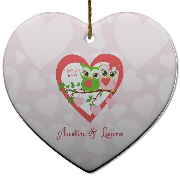 Valentine Owls Ceramic Flat Ornament - Heart (Front)