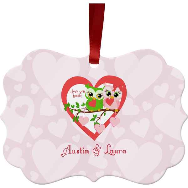 Custom Valentine Owls Metal Frame Ornament - Double Sided w/ Couple's Names