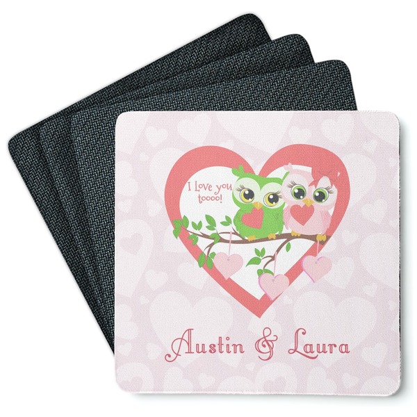 Custom Valentine Owls Square Rubber Backed Coasters - Set of 4 (Personalized)