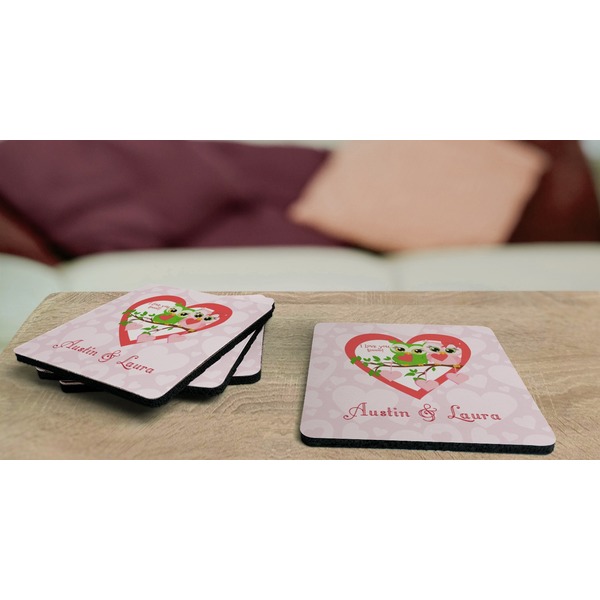 Valentine Owls Coaster Rubber Back - On Coffee Table