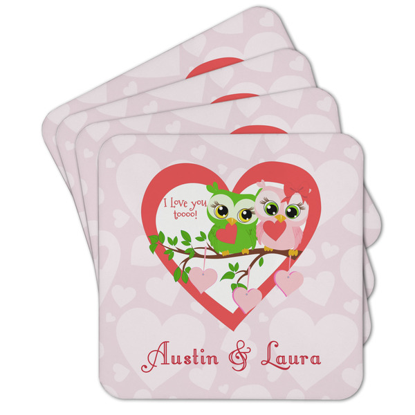 Custom Valentine Owls Cork Coaster - Set of 4 w/ Couple's Names