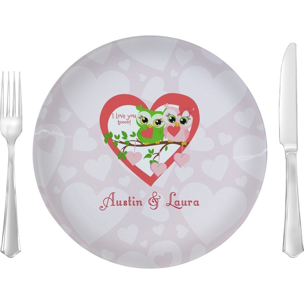 Custom Valentine Owls 10" Glass Lunch / Dinner Plates - Single or Set (Personalized)