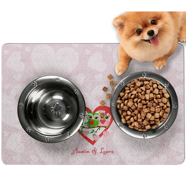 Custom Valentine Owls Dog Food Mat - Small w/ Couple's Names
