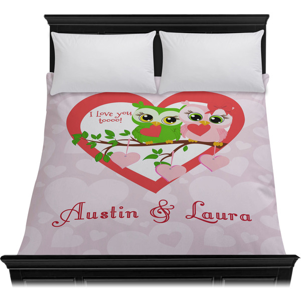 Valentine Owls Duvet Cover - Queen - On Bed - No Prop