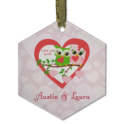 Valentine Owls Flat Glass Ornament - Hexagon w/ Couple's Names