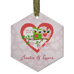 Valentine Owls Flat Glass Ornament - Hexagon w/ Couple's Names
