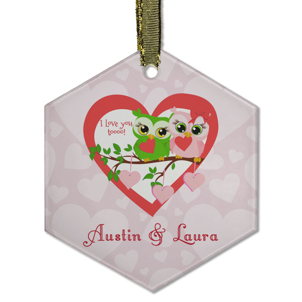 Custom Valentine Owls Flat Glass Ornament - Hexagon w/ Couple's Names