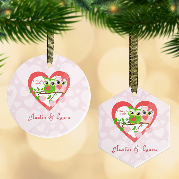 Custom Valentine Owls Flat Glass Ornament w/ Couple's Names