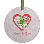Valentine Owls Flat Glass Ornament - Round w/ Couple's Names