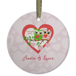 Valentine Owls Flat Glass Ornament - Round w/ Couple's Names