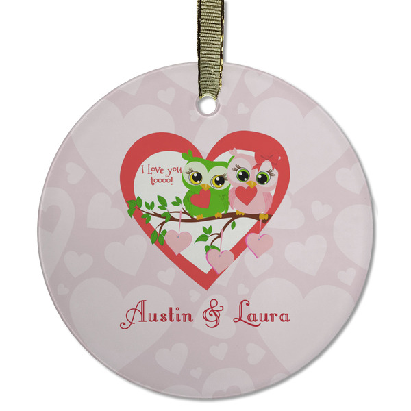 Custom Valentine Owls Flat Glass Ornament - Round w/ Couple's Names