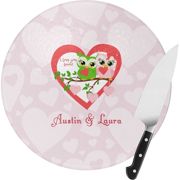 Custom Valentine Owls Round Glass Cutting Board (Personalized)
