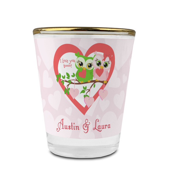 Custom Valentine Owls Glass Shot Glass - 1.5 oz - with Gold Rim - Single (Personalized)