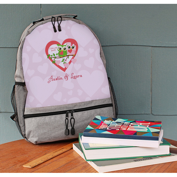 Valentine Owls Large Backpack - Gray - On Desk