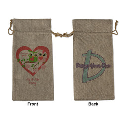 Valentine Owls Large Burlap Gift Bag - Front & Back (Personalized)