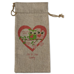 Valentine Owls Large Burlap Gift Bag - Front (Personalized)
