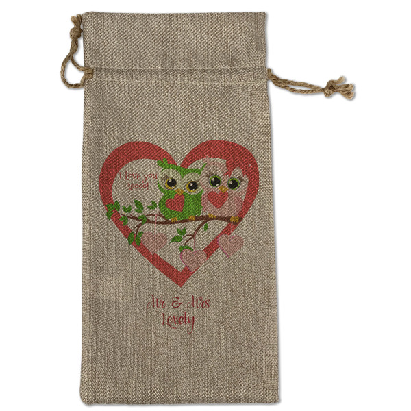 Custom Valentine Owls Large Burlap Gift Bag - Front (Personalized)