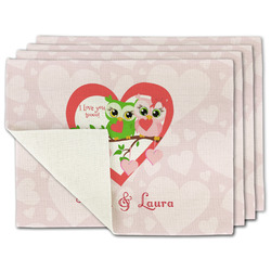 Valentine Owls Single-Sided Linen Placemat - Set of 4 w/ Couple's Names