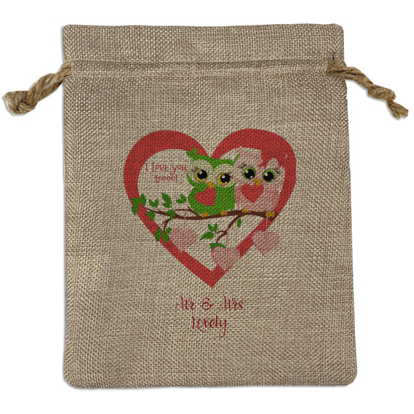 Custom Valentine Owls Medium Burlap Gift Bag - Front (Personalized)