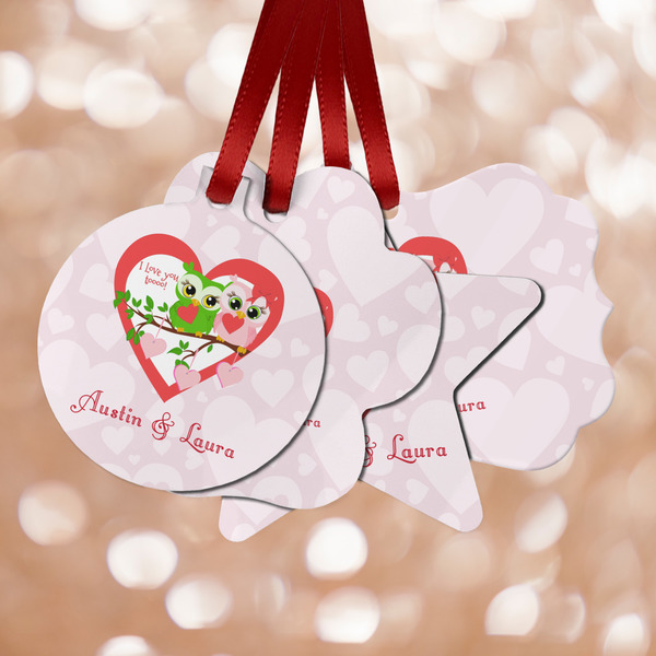 Custom Valentine Owls Metal Ornaments - Double Sided w/ Couple's Names